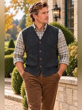 Club Room 100% Lambswool Cardigan Sweater Vest Charcoal Ribbed Mens